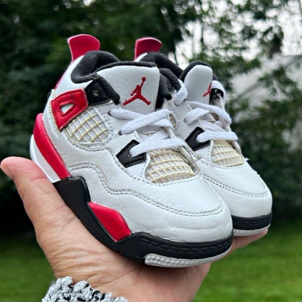 Jordan Air Jordan 4 White Red Black Leather Lace Up Toddler Sneakers 7C